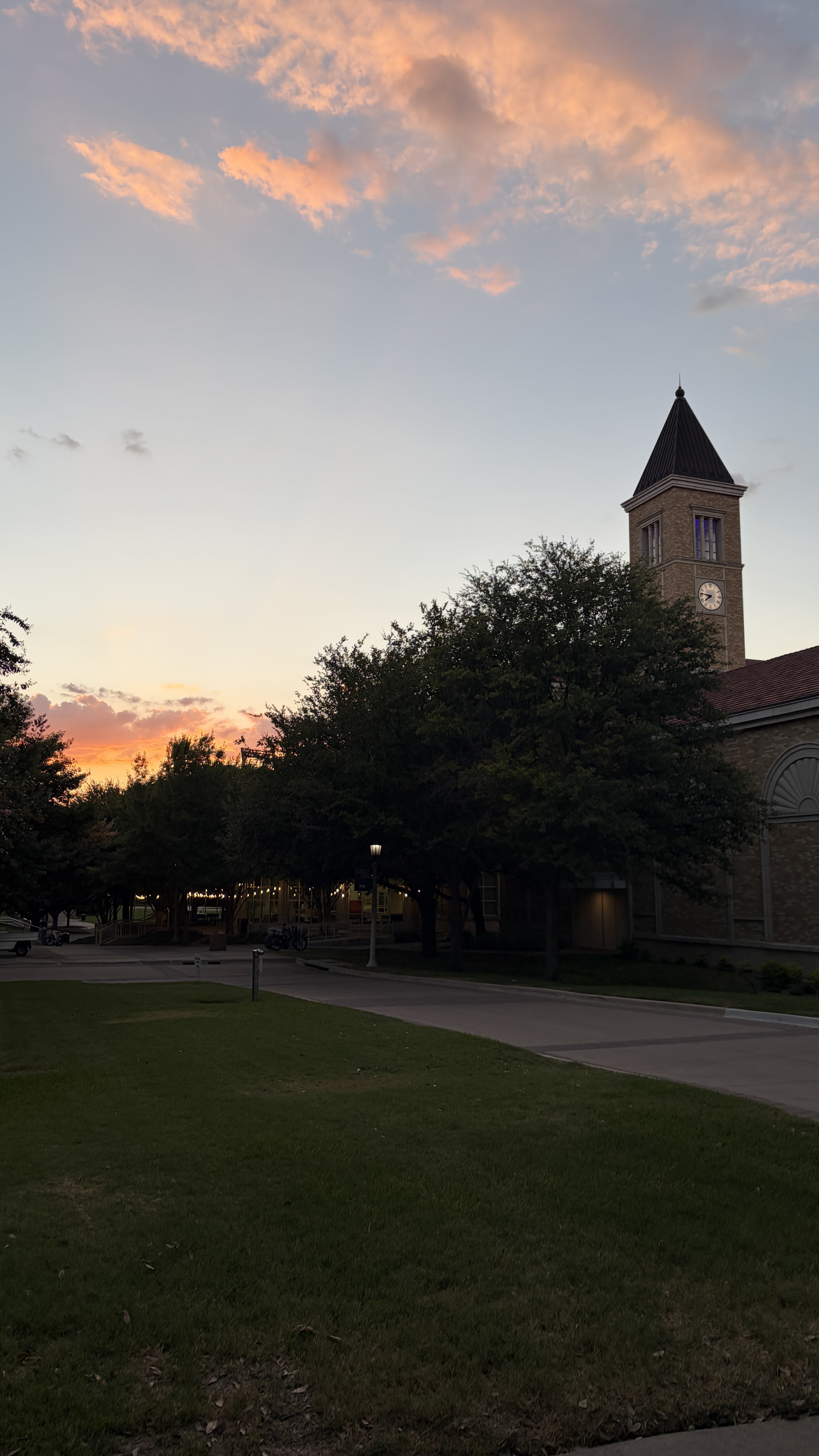 A campus clock tower beneath a pink sunset